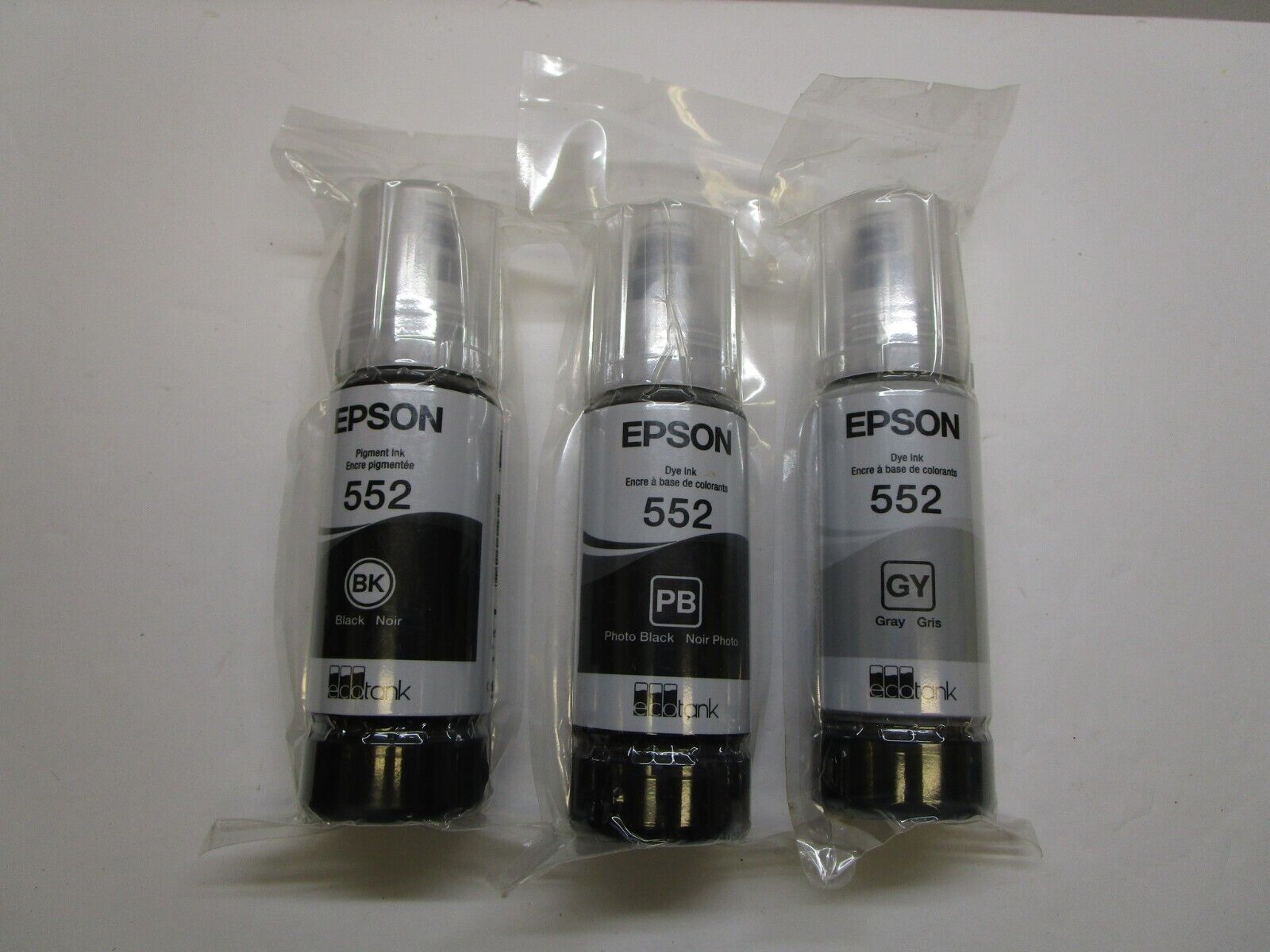 3 Genuine Epson 552 EcoTank inks: Photo Black (PB), Black (BK) & Gray (GY) 2026
