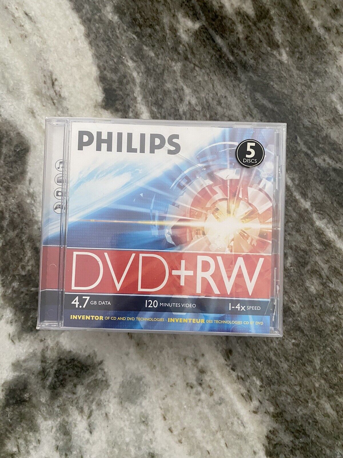 Philips DVD+RW 4.7GB 120 Minute 5 Pack New Recordable Disks 1-4X Speed Sealed