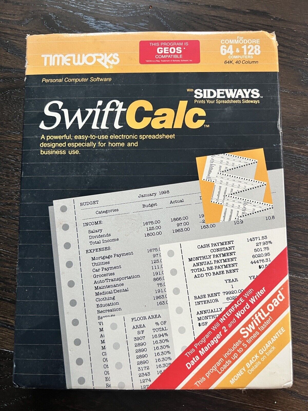 Timeworks SwiftCalc Commodore 64 & 128 W/ Original Box, Guide & Inserts UNTESTED