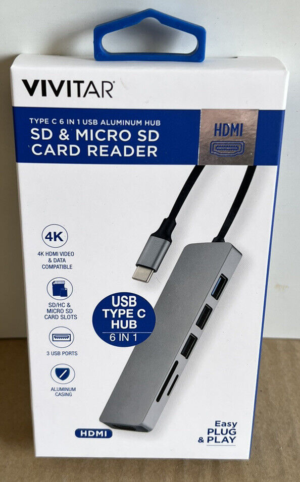 NEW Vivitar Aluminum USB Type C Hub 6 In 1 SD & Micro SD Card Reader Plug & Play