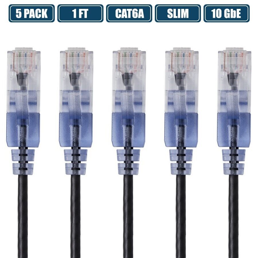 5 Pcs 1FT Slim CAT6A RJ45 Ethernet LAN Network UTP Patch Cable Cord 30AWG Black
