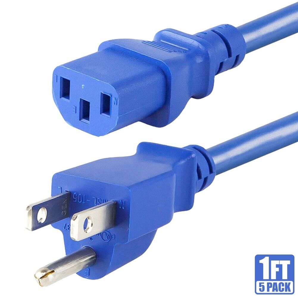 5x 1FT Power Cord Cable PC Computer Monitor NEMA 5-15P To IEC C13 18AWG 10A Blue