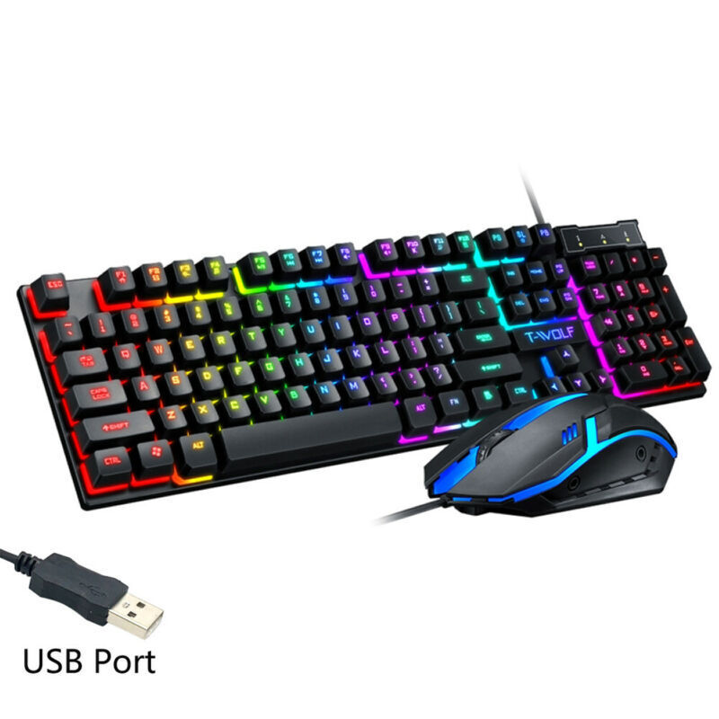 Rainbow RGB Full Size Backlit US Keyboard Mouse Combo Set Wired Gaming Office US