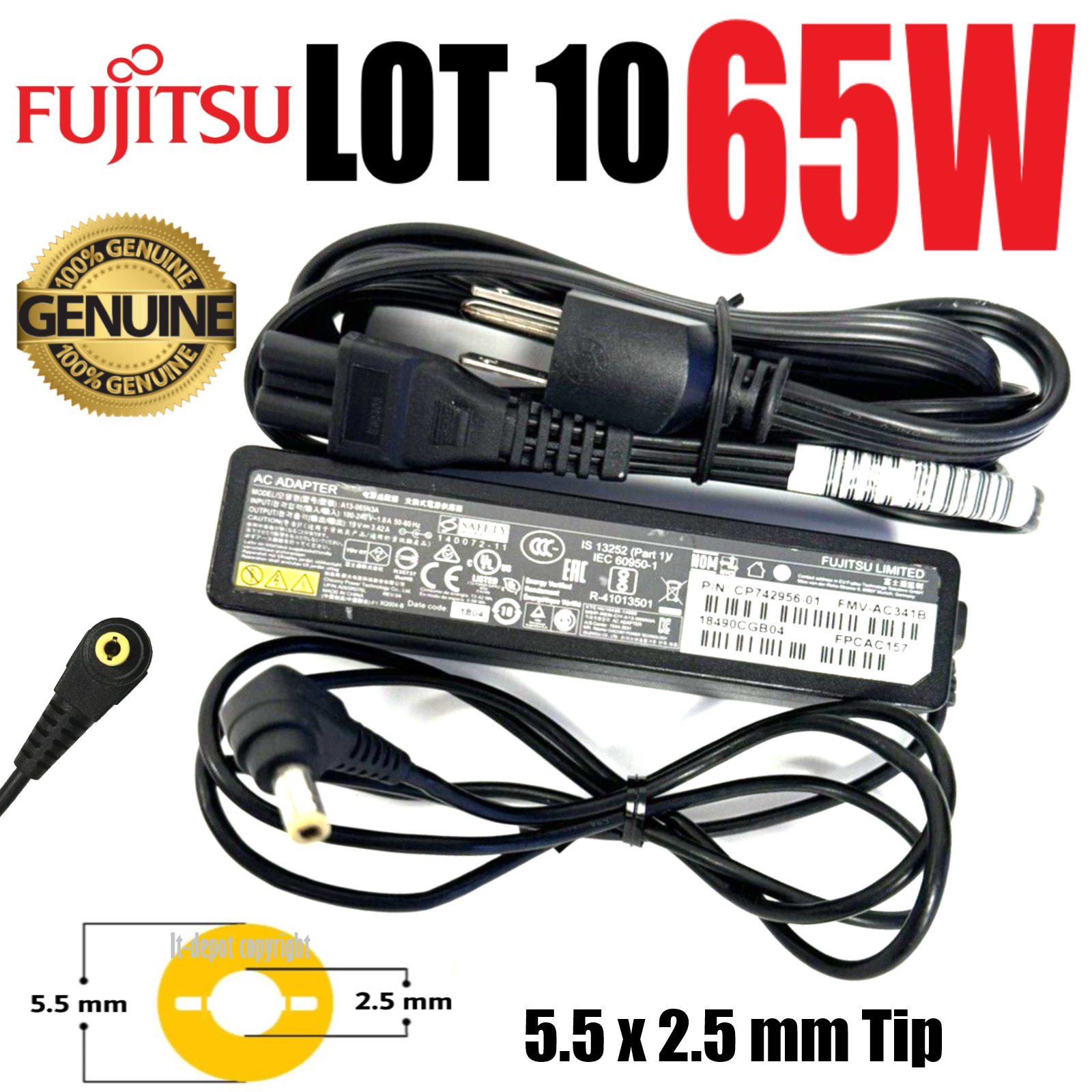 LOT 10 OEM Fujitsu Lifebook T731 T732 T730 65W AC Adapter Charger 5.5x2.5mm Tip