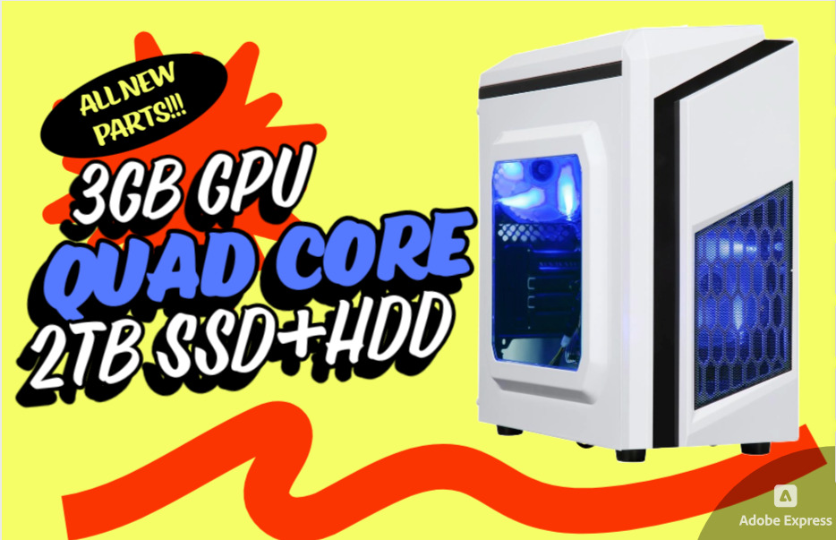Custom Gaming PC Tower-NEW-AMD Ryzen 3.8 GHZ QuadCore-2TB SSD+HDD-3GB GPU