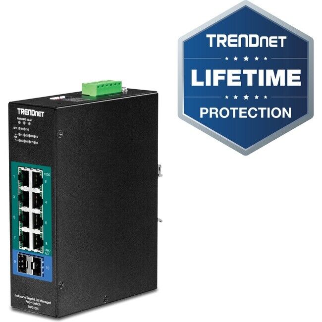 TRENDnet TI-PG102i 10-Port Industrial Gigabit L2 Managed PoE+ DIN-Rail Switch