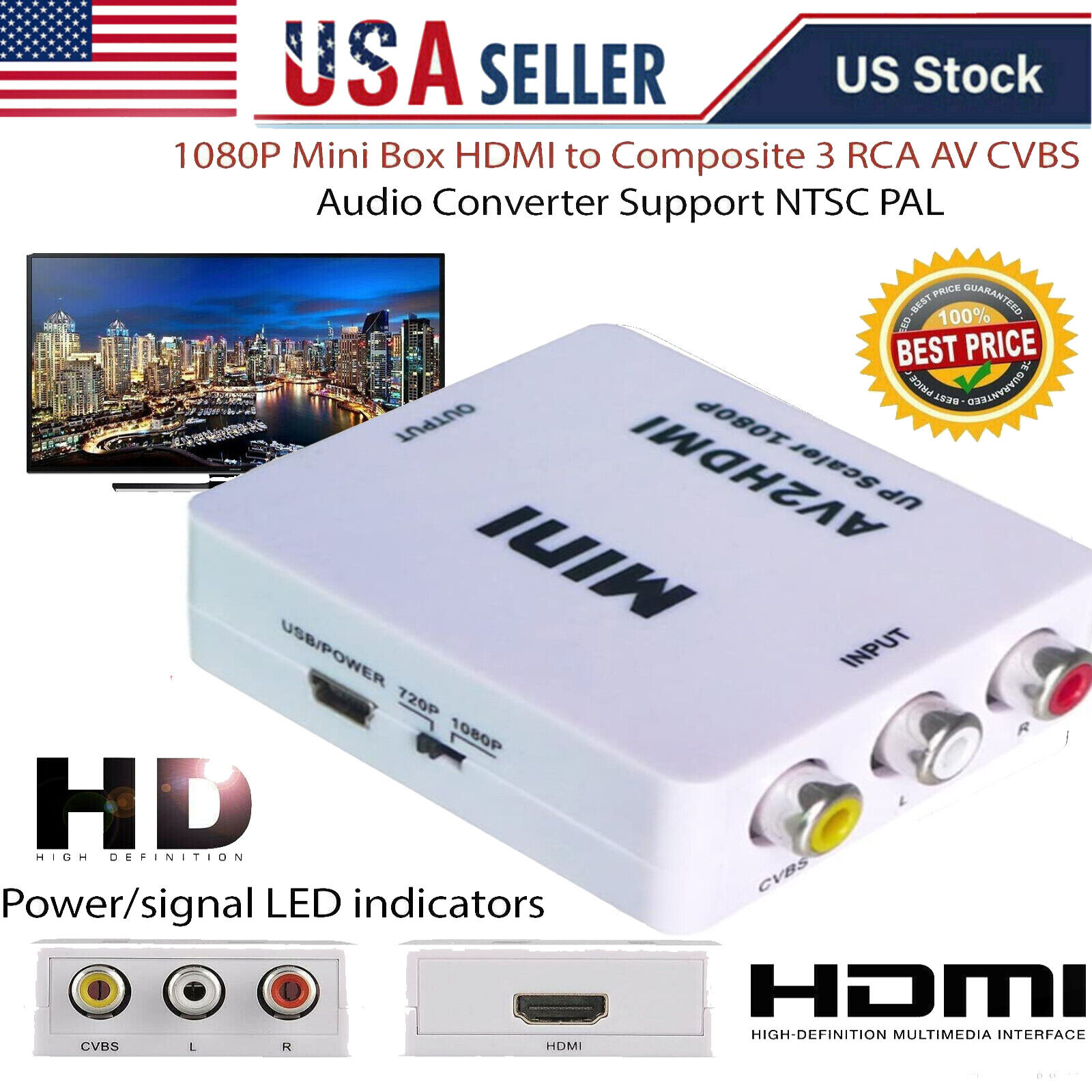 AV To HDMI Adapter HD Video Composite Converter Box HD to RCA AV/CVSB L/R 1080P