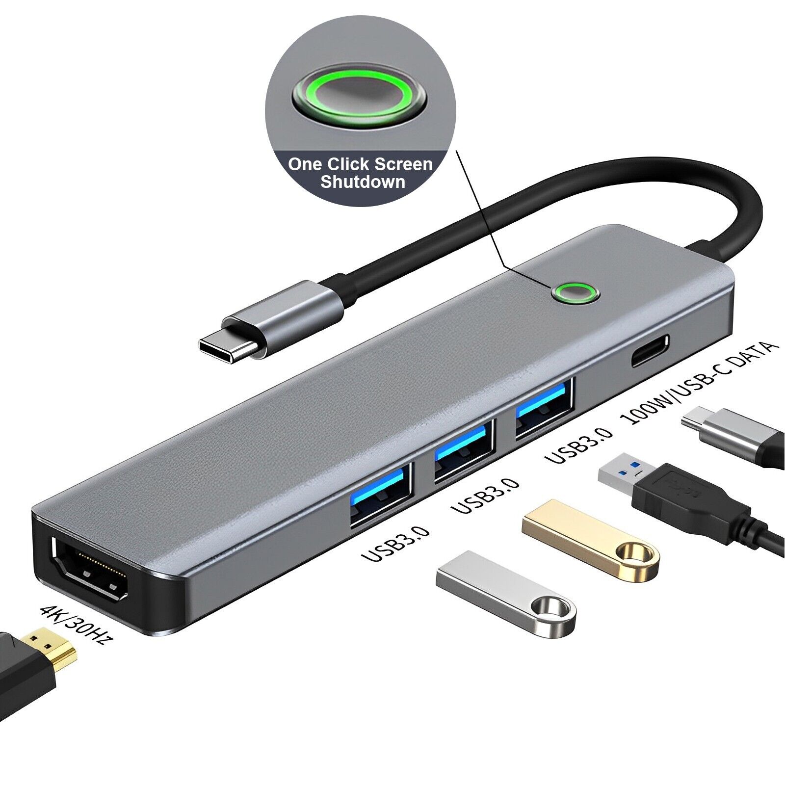 5-in-1 USB-C to HDMI Adapter Docking Station Hub 4K/30Hz Display PD100W USB3.0*3