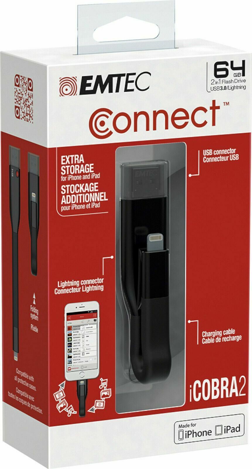 NEW Emtec Connect iCobra2 64GB Black USB 2In1 Flash Drive for iPhone 7+/6+/6S/5C