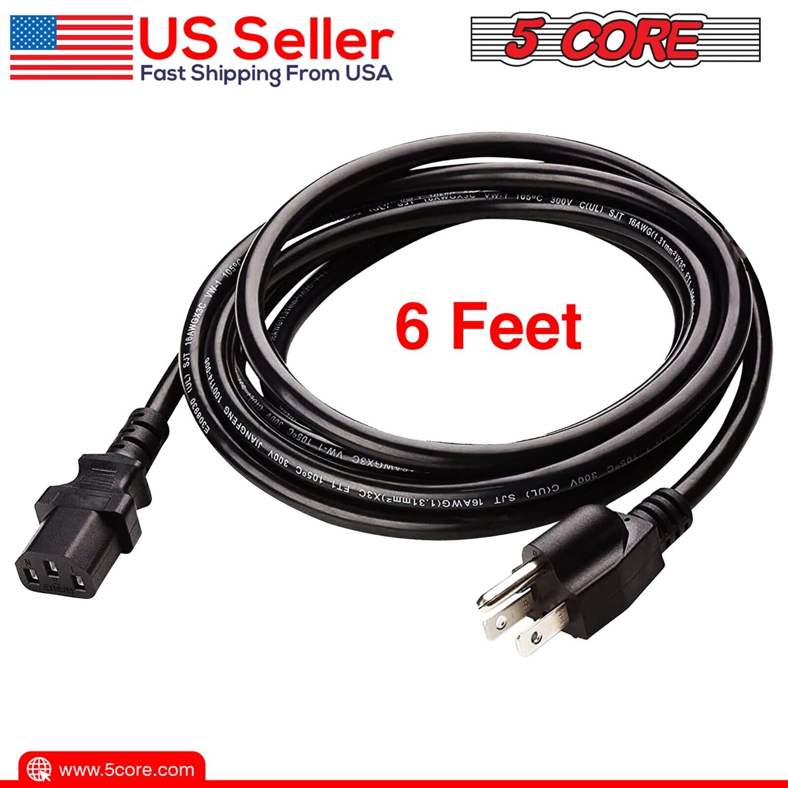 Lot of 1-5 Standard AC Power Cord Cable 3 Prong Plug for PC Monitor Printer TV