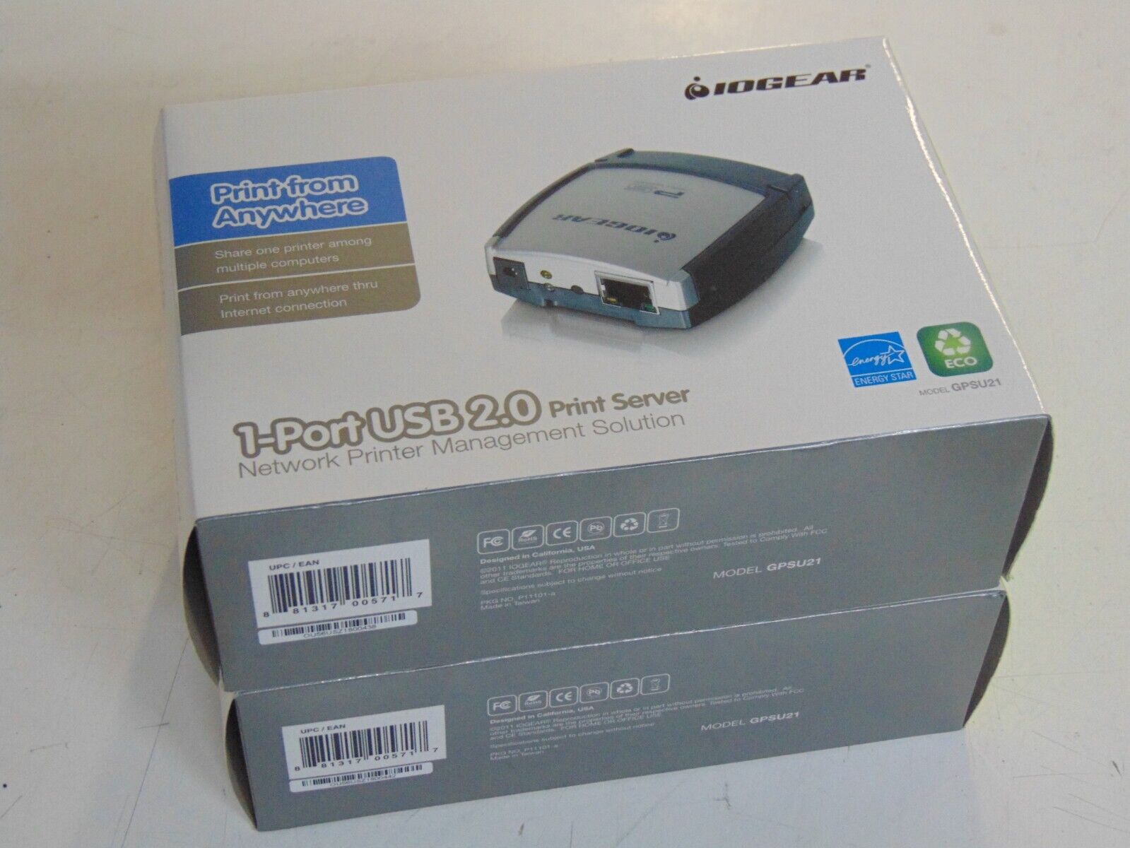 Lot (2) IOGEAR GPSU21, 1-Port USB 2.0 Print Server, Network Printer Management