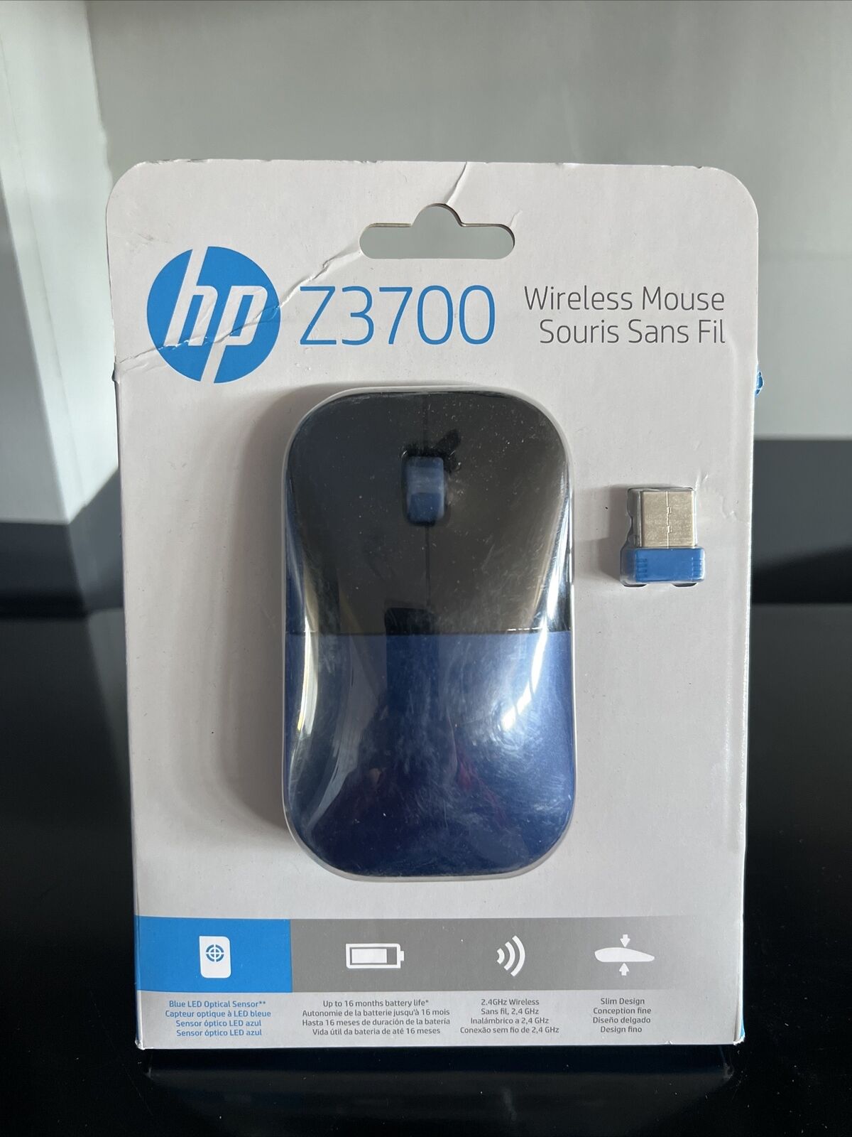 Brand New NIB NIP HP Z3700 Wireless Optical Ambidextrous Mouse Black/Blue Nano