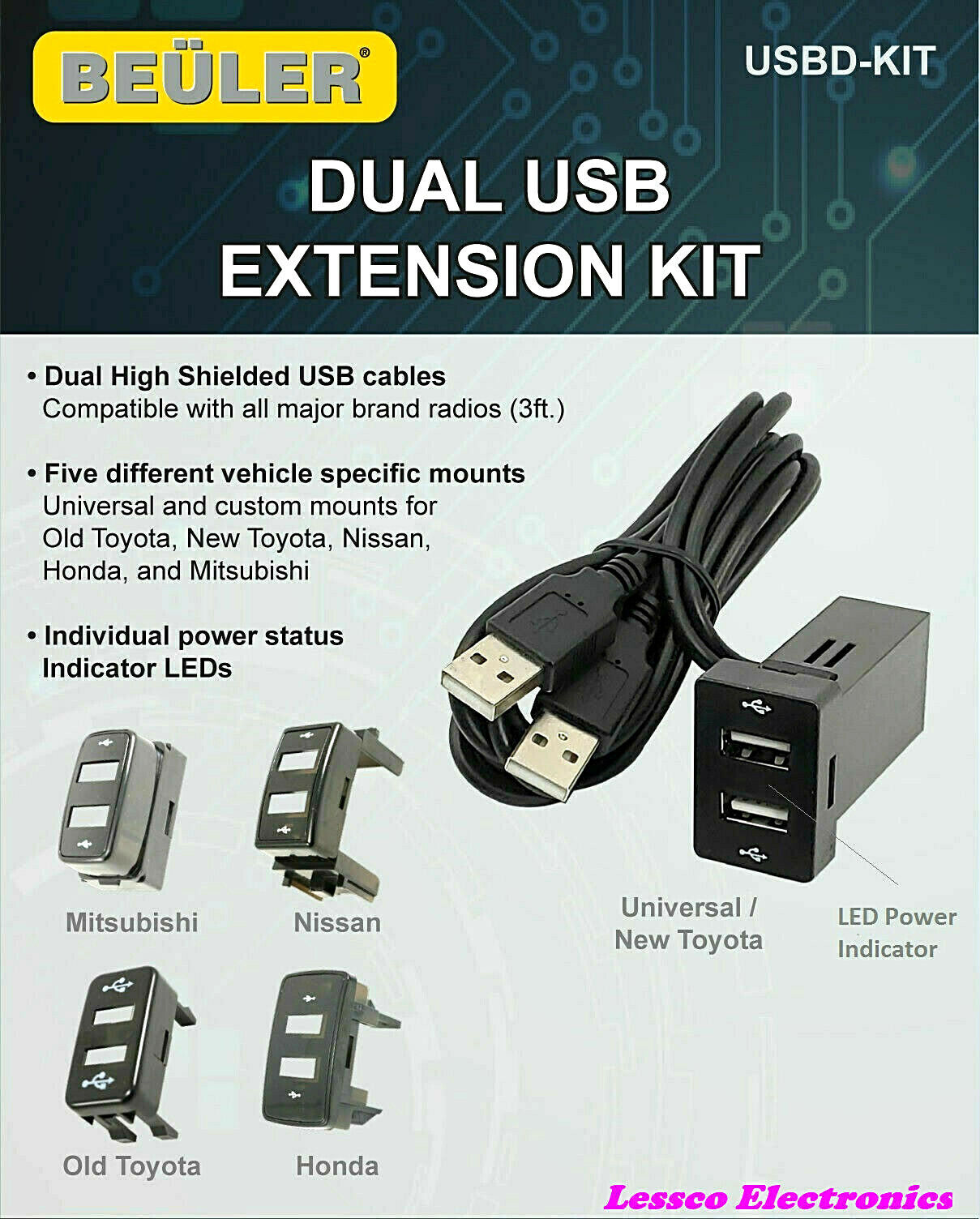 BEULER USBD-KIT Dual USB Extension Kit fits Specific Custom Mount for Old Toyota