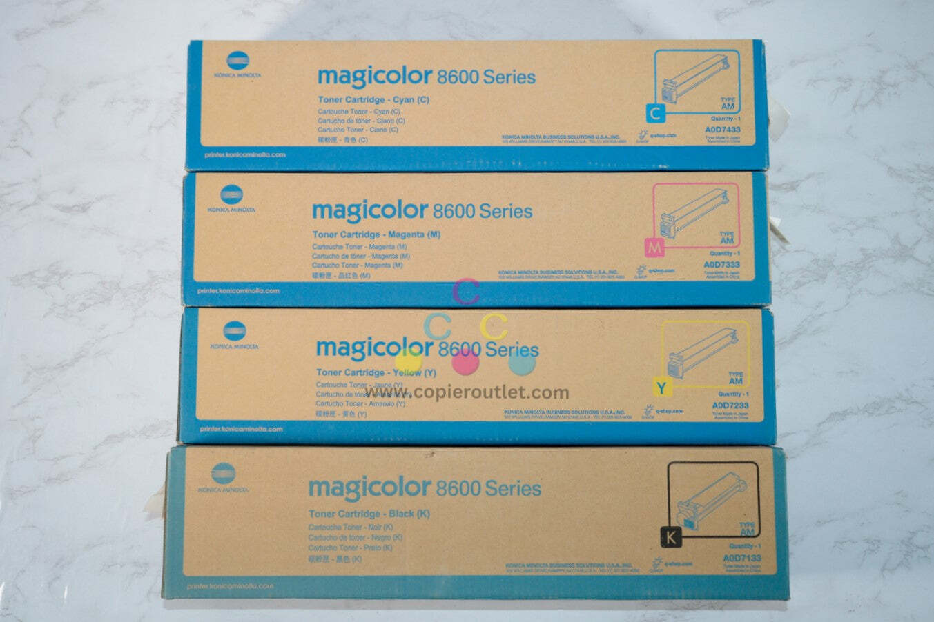 4 New OEM Konica MagiColor 8650dn, CMYK Laser Toners A0D7133, 233, 333, 433