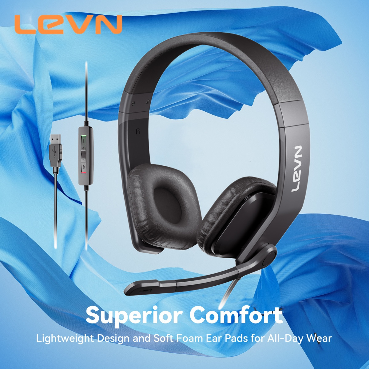 LEVN USB Headset For PC, Computer Wired Headset With Microphone Noise Cancelling