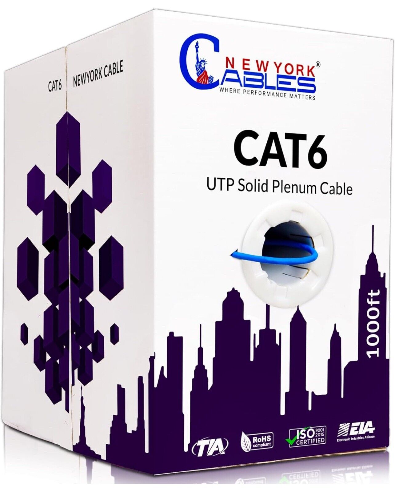 New York Cables CAT 6 Plenum Cable 1000ft (CMP) Plenum Rated Wire Tested New BLU