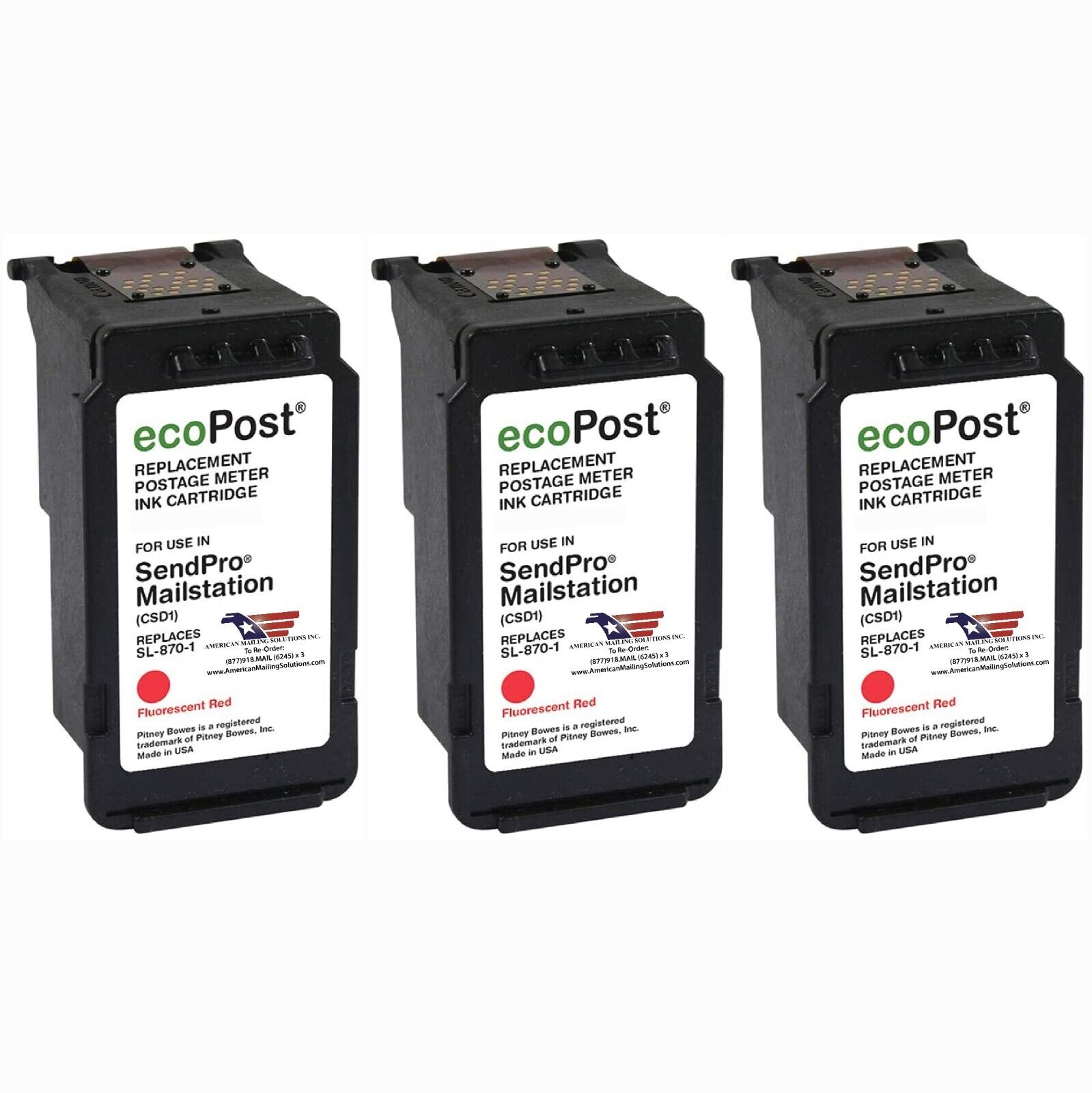 3-Pack | Pitney Bowes SL-870-1 Red Ink Cartridge for the SendPro Mailstation
