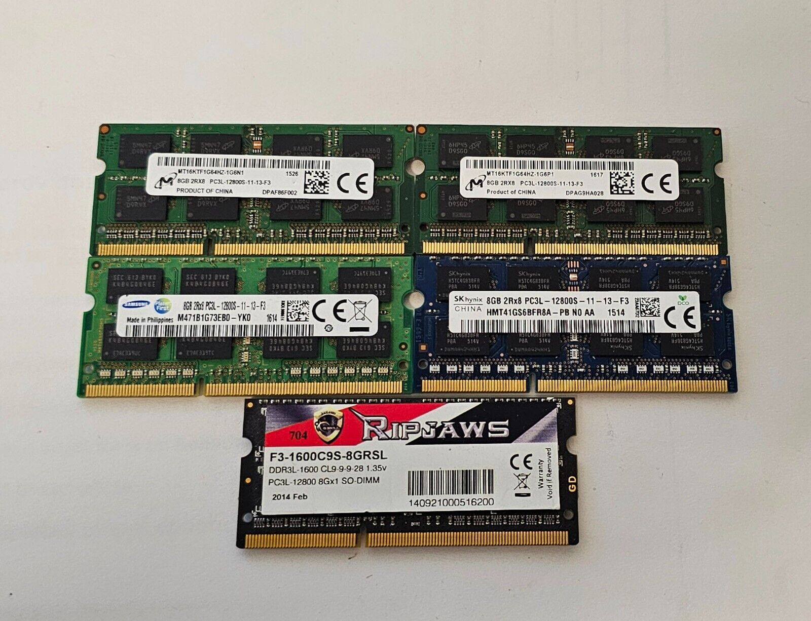 Mixed Lot of 5x 8GB (40GB Total) PC3L-12800S(DDR3-1600) Laptop RAM Memory