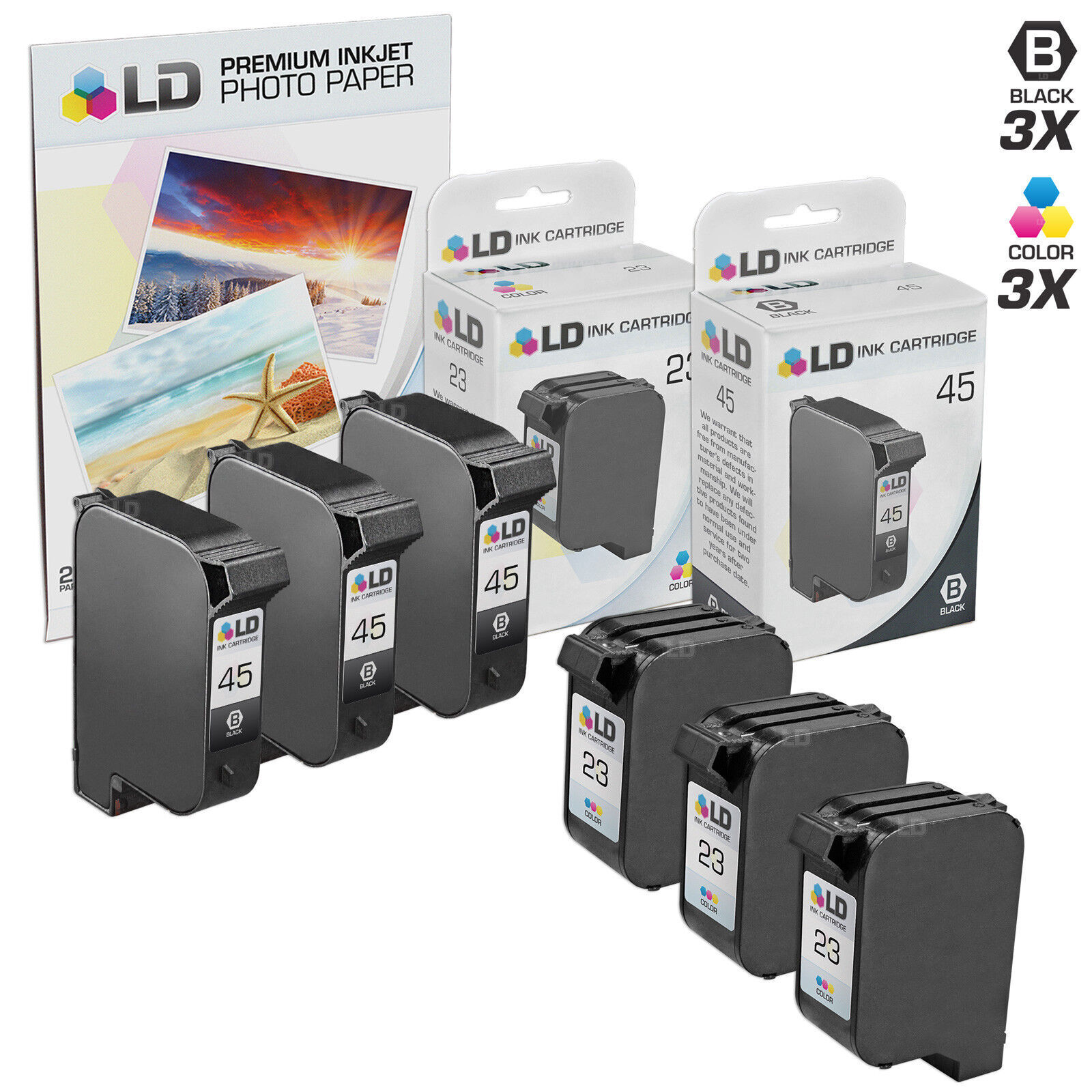 LD Products 6PK Replacement for HP 45 Black & HP 23 Color Inkjet Cartridges
