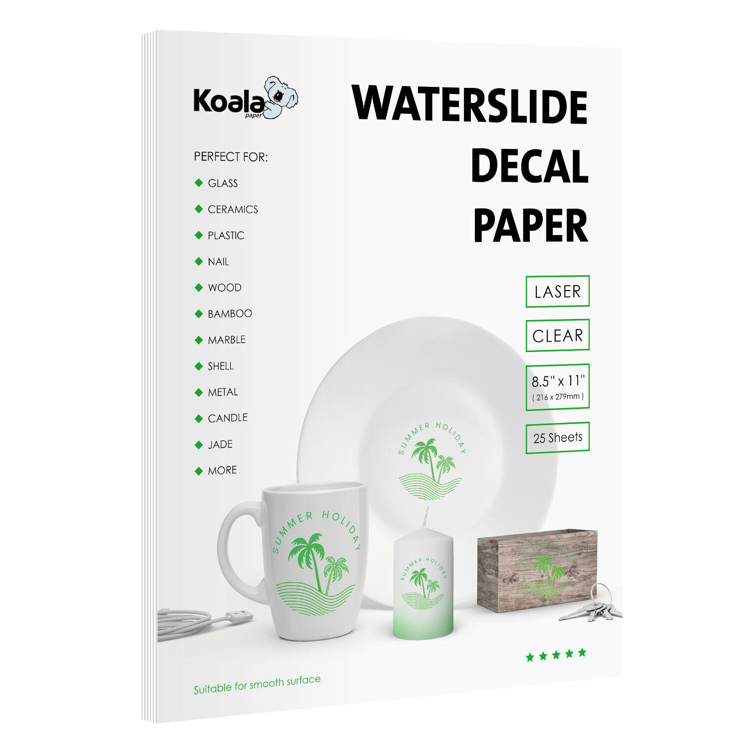Koala Premium Waterslide Decal Transfer Paper LASER CLEAR 25 Sheets 8.5x11 USA 