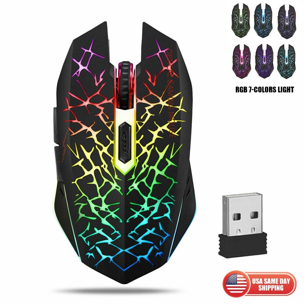 Wireless USB Optical Mice Gaming Mouse 7 Color LED Rechargeable For PC Laptop