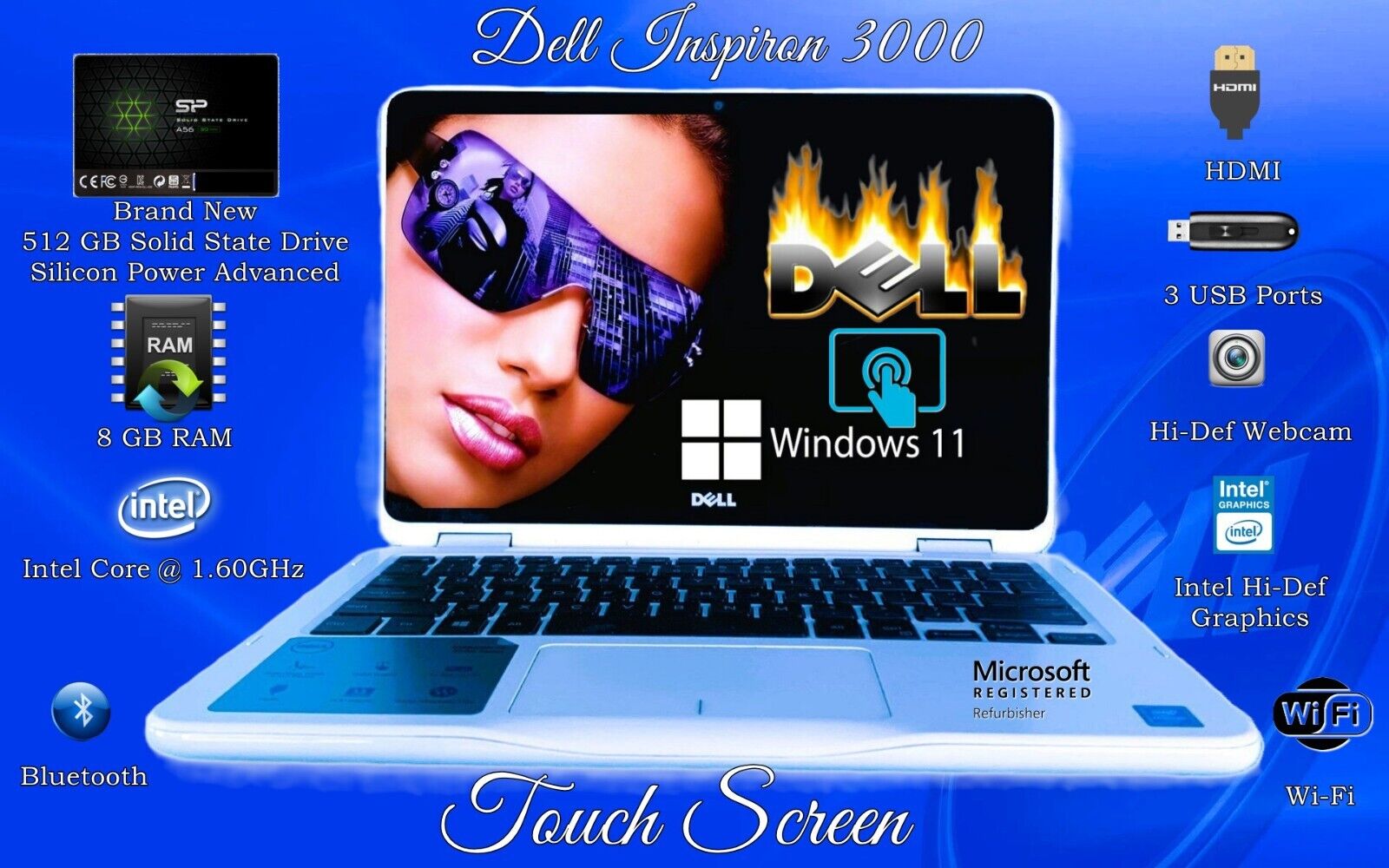 Dell Inspiron  11 3000 Intel core @ 1.60GHz 8GB Ram 512GB SSD Windows 11 NICE PC