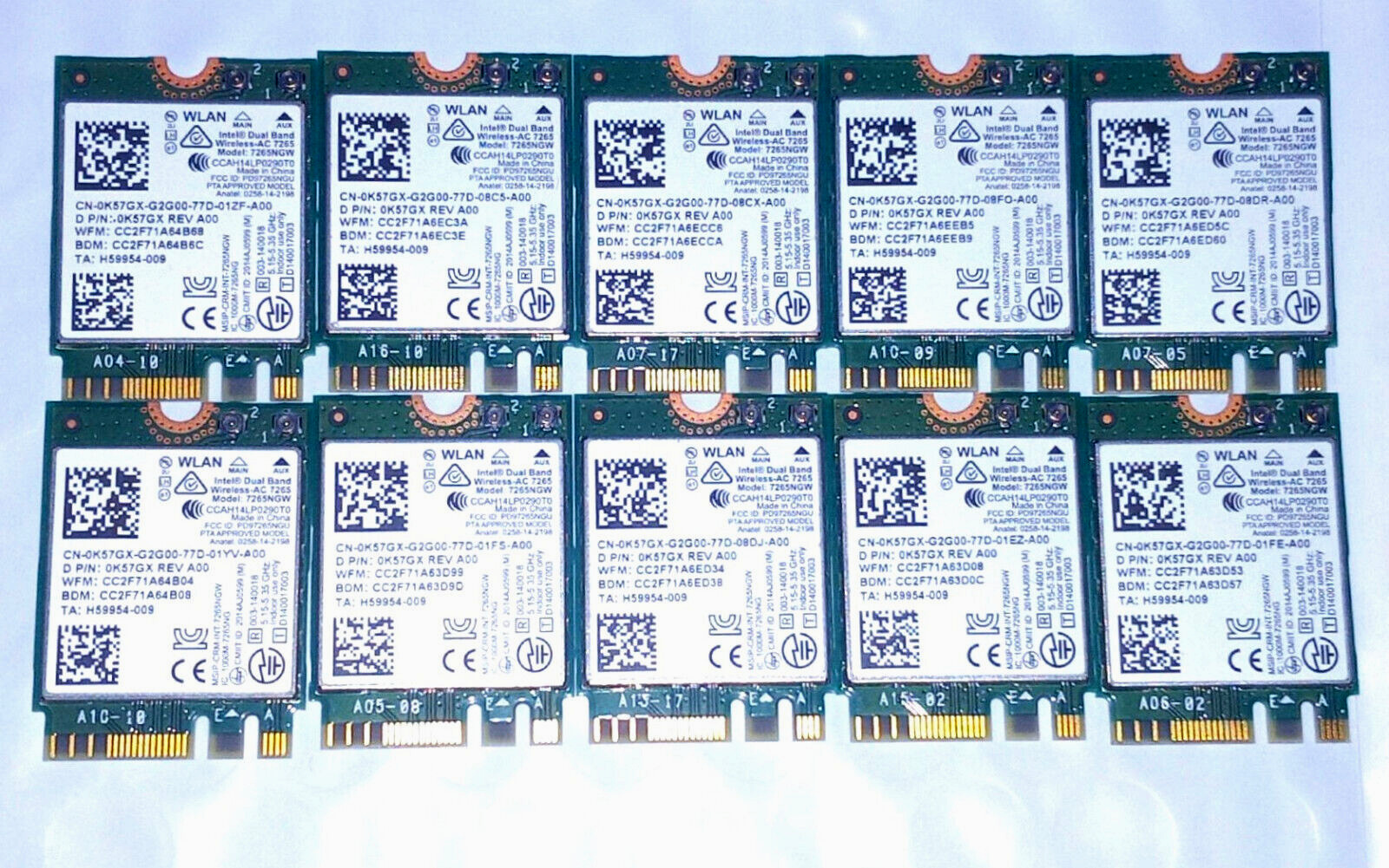Lot of 10 Intel Dual Band Wireless-AC 7265 802.11ac WiFi + Bluetooth Cards