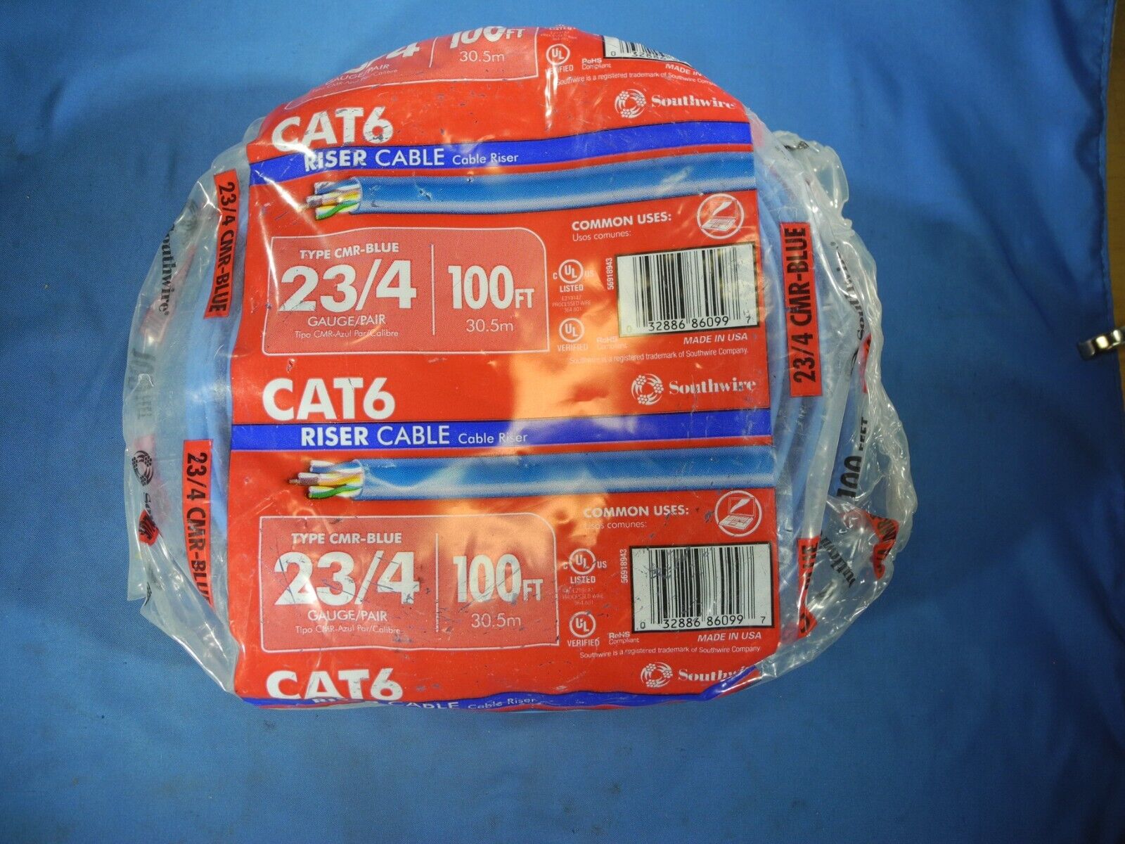 CAT6 Riser Cable CMR-Blue 23/4 Gauge/Pair 100ft. 23 Gauge 4 pair Cat 6 Southwire