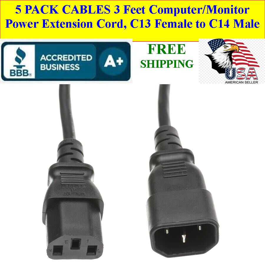 5 PACK Computer and Monitor Power Extension Cord, C13 to C14, 10A, 3Ft Cable