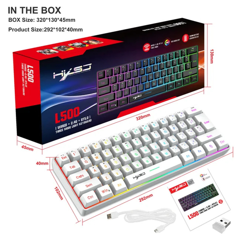 L500 Wired/Wireless Gaming Keyboard 61 Keys Type C Connection