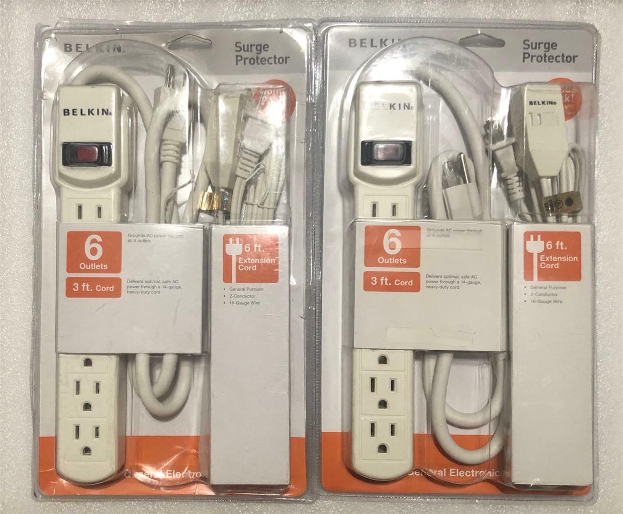 2 Packs Belkin Surge Protector 6 Outlet 3 ft Cord w/ Bonus 6 ft Extension Cord