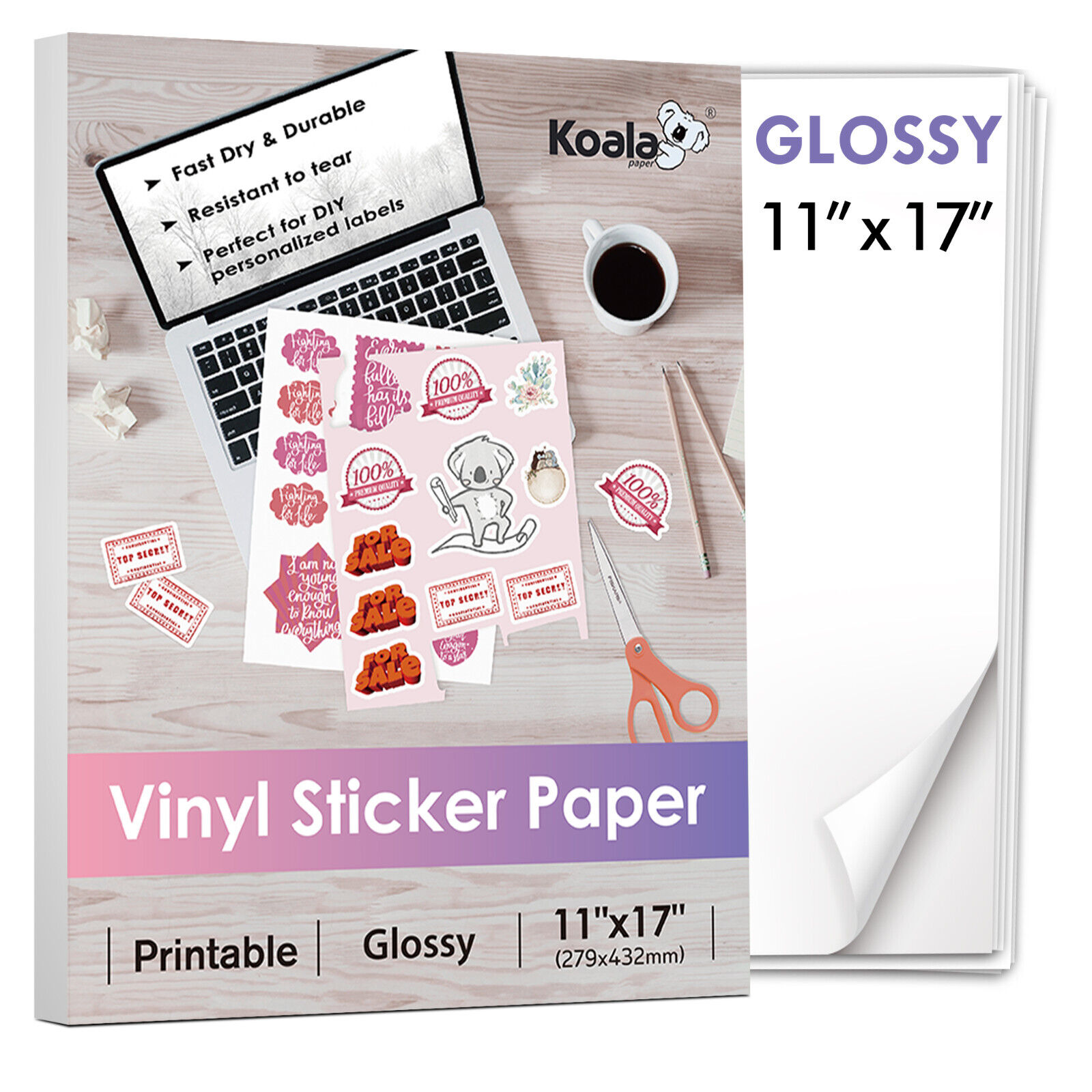 Koala Vinyl Sticker Paper Glossy Waterproof 11x17 for Inkjet + Laser Printer 10P
