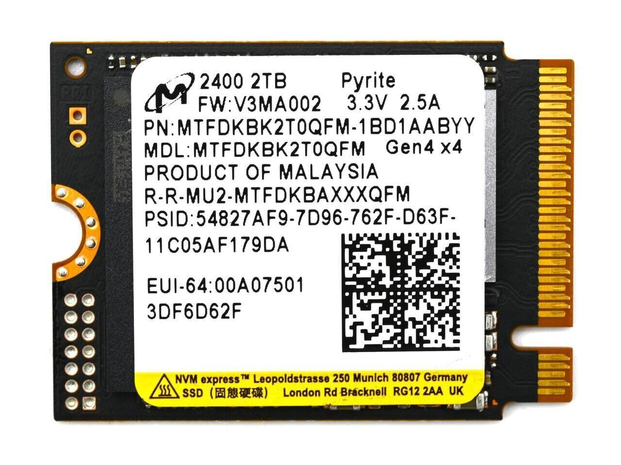 Micron 2400 2TB MTFDKBK2T0QFM-1BD1AABYYR M.2 2230 NVMe PCIe 4.0x4 Internal SSD