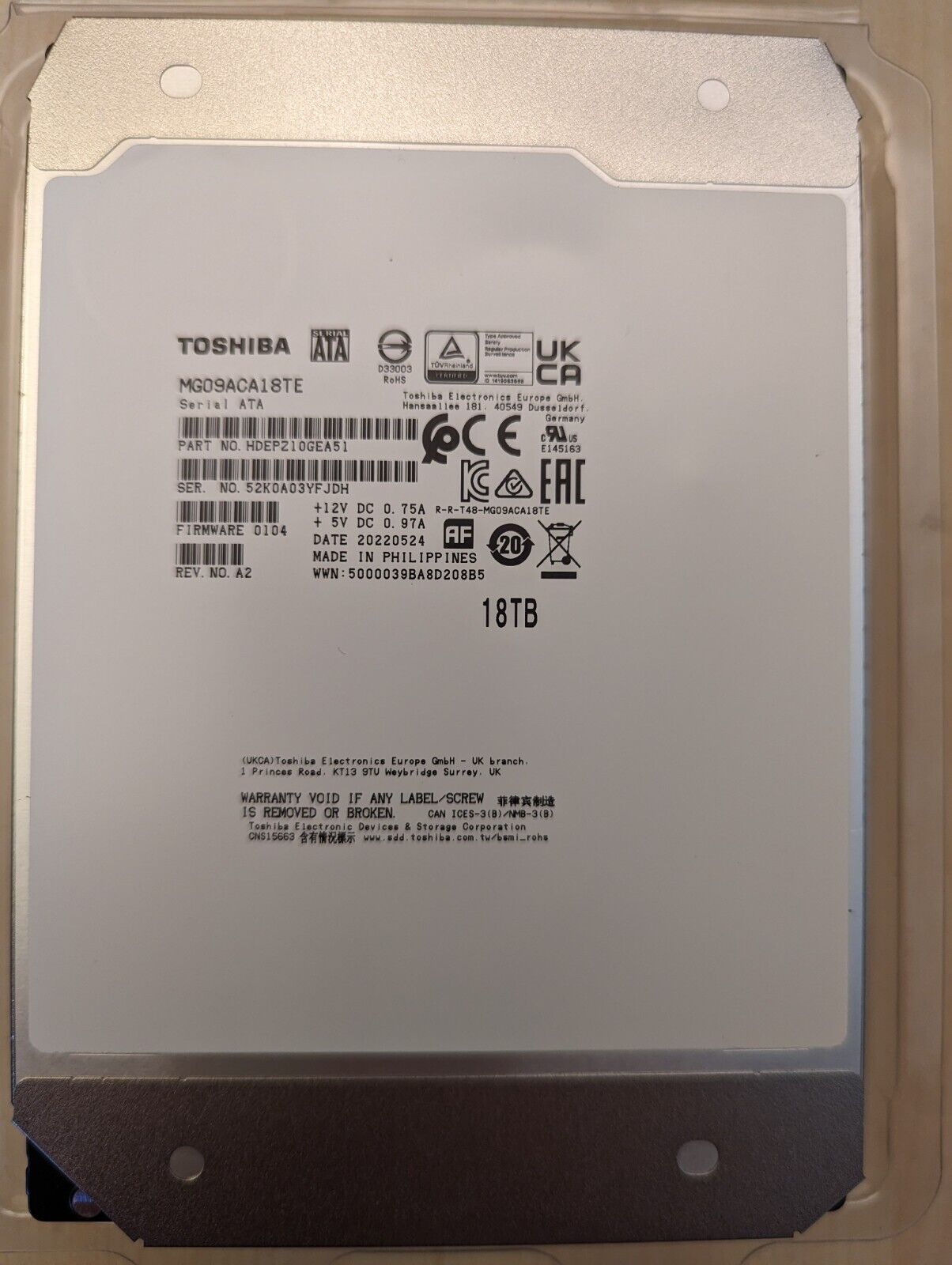 MG09ACA18TE Toshiba 512E 18TB 7.2K RPM SATA 6Gb/s 512MB 3.5