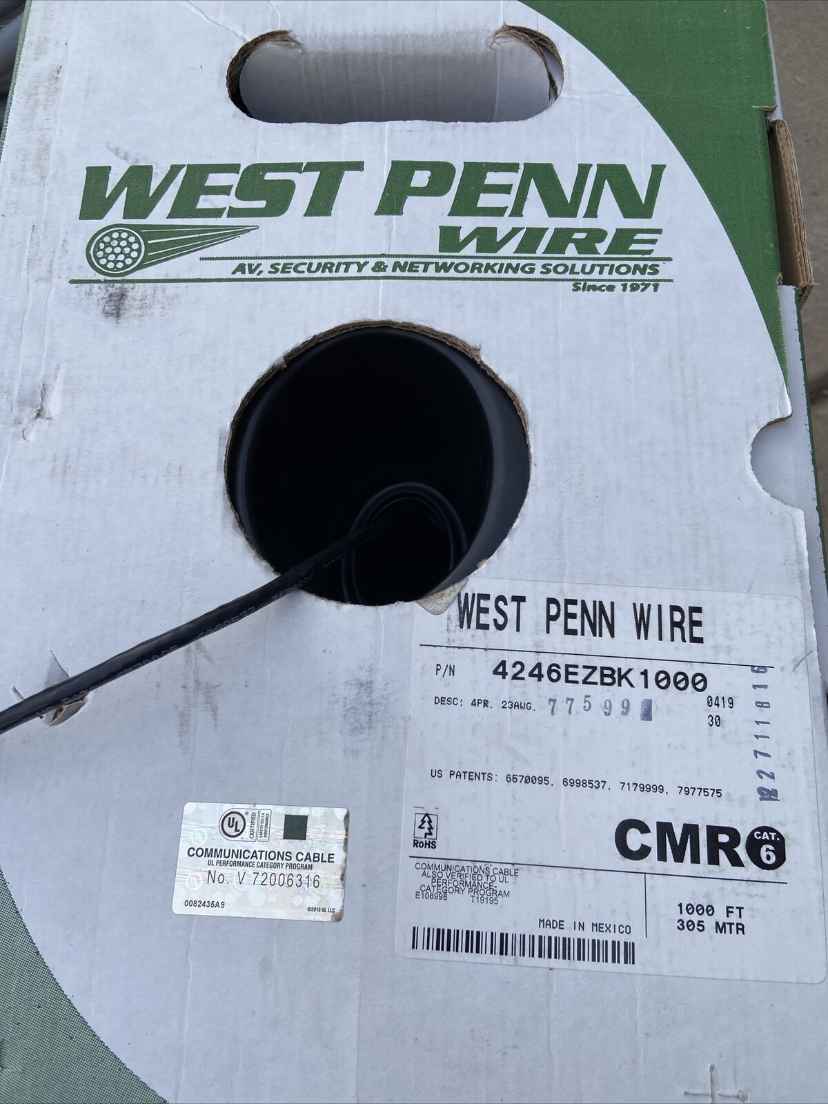West Penn Wire 4246EZBK1000 4 Pair 23 AWG Shielded CAT6 CMR BLACK Approx. 75’