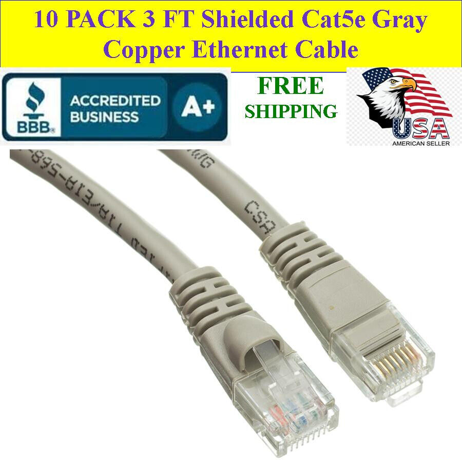 10 PACK 3Ft Cat5e Gray Shielded Ethernet Patch Cable RJ45 Gold Connectors 24 AWG