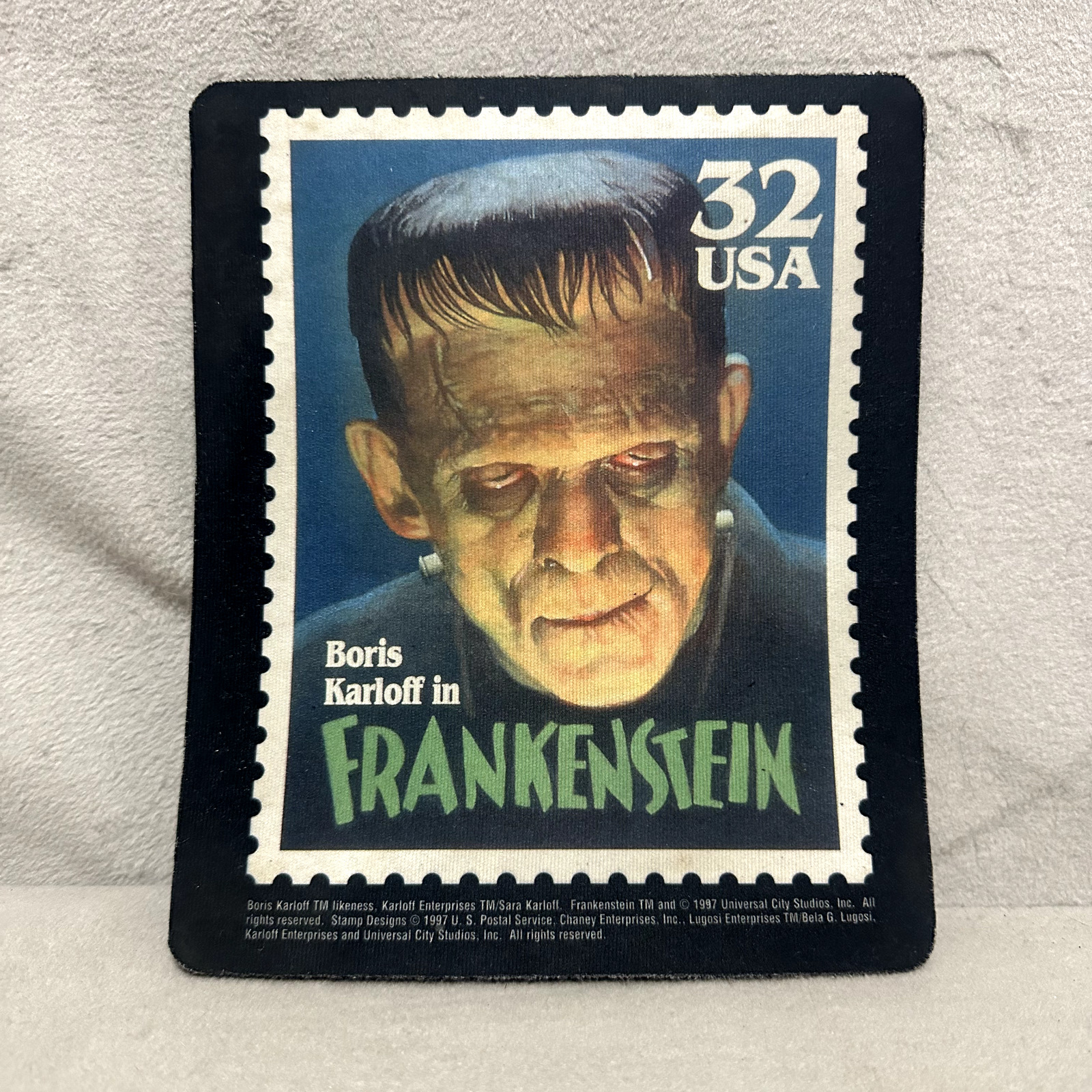 Vintage 1997 Mouse Pad Boris Karloff Frankenstein Stamp Design Universal Studios