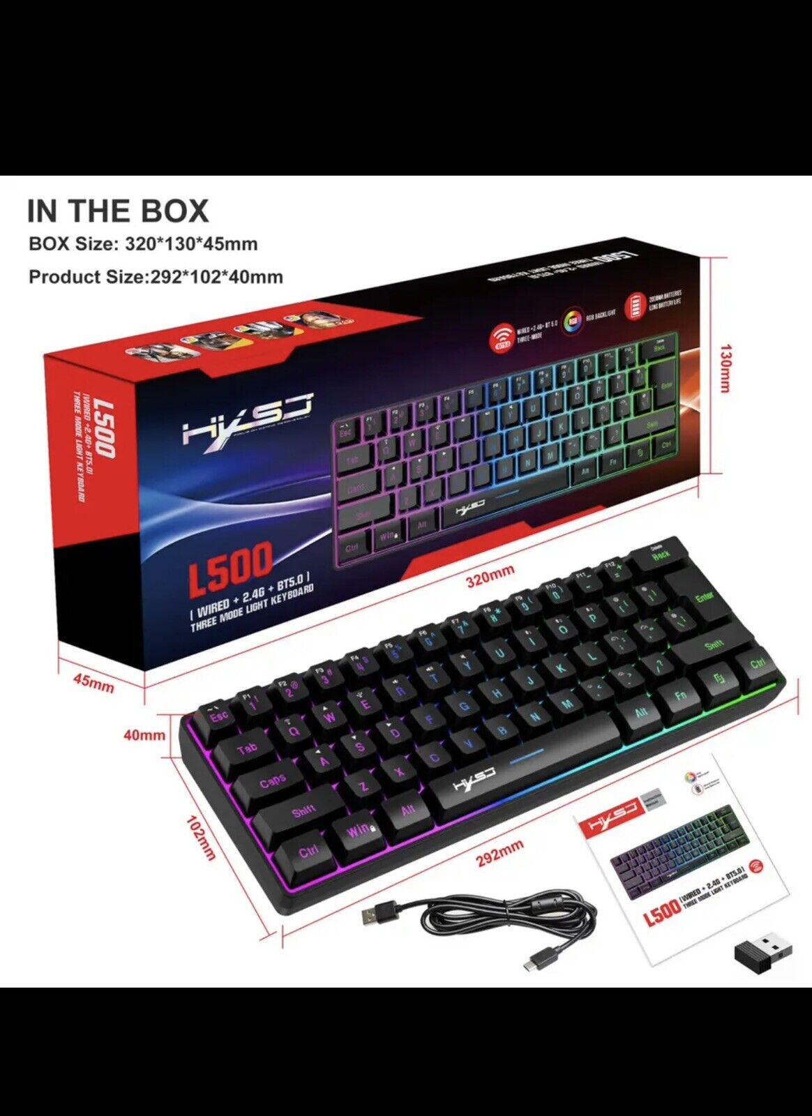 L500 Wired/Wireless Gaming Keyboard 61 Keys Type C Connection