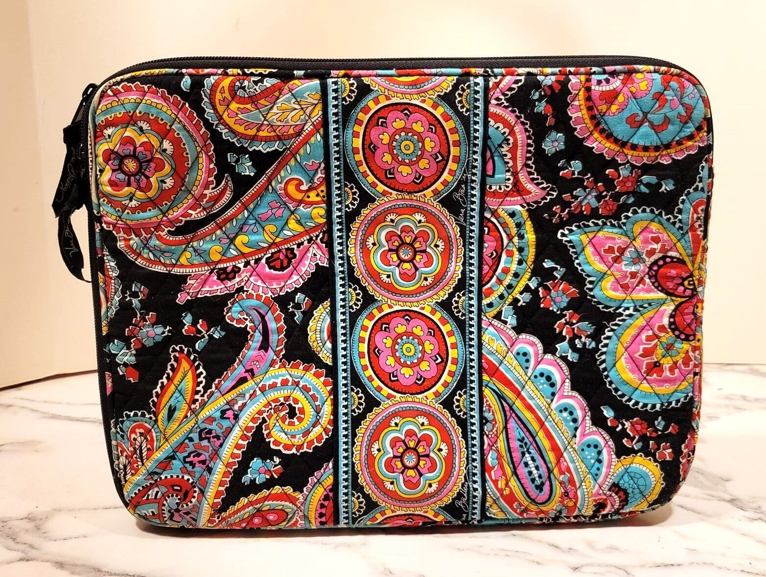 VERA BRADLEY Quilted Laptop Tablet Sleeve 13”x10” Case Black w/Colorful Paisley