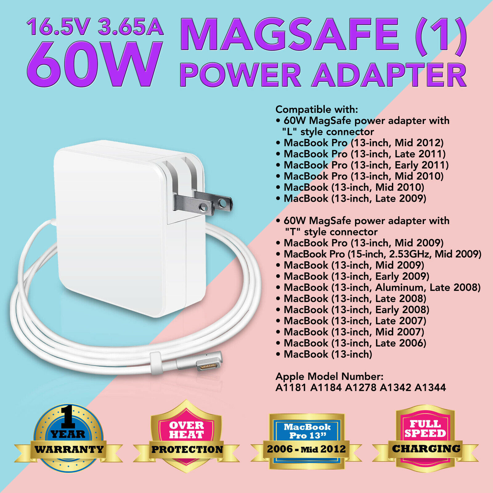 60W L-tip Power Supply Charger Cord for Apple MAC MacBook A1344 A1184 MD102LL/A