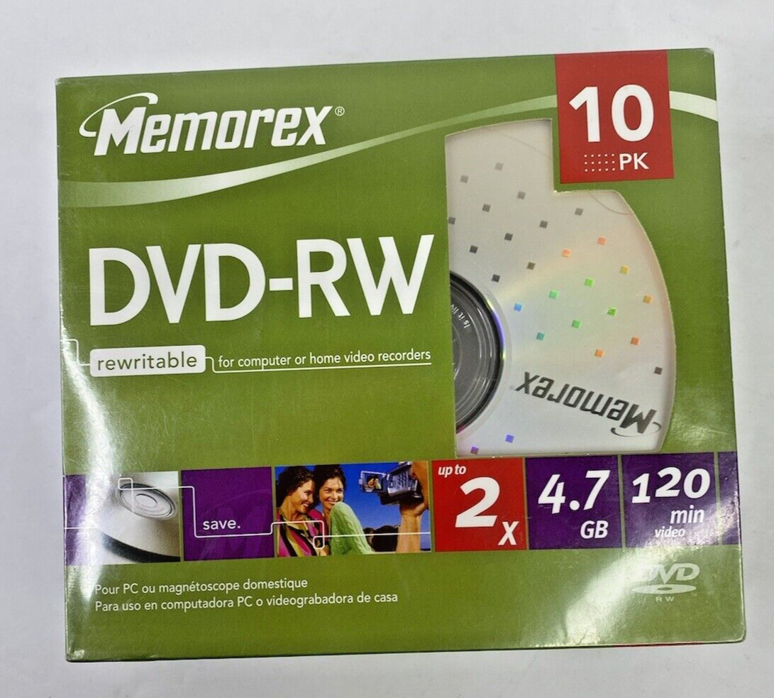NEW 10 pk Memorex DVD-RW 2x 4.7GB 120min Storage Media Rewritable Discs Sealed