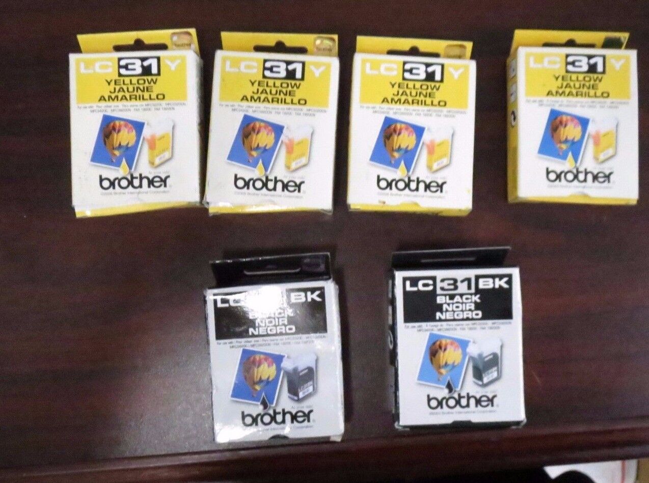 LOT OF 6 GENUINE NEW BROTHER LC31Y YELLOW LC31BK BLACK SEALED 