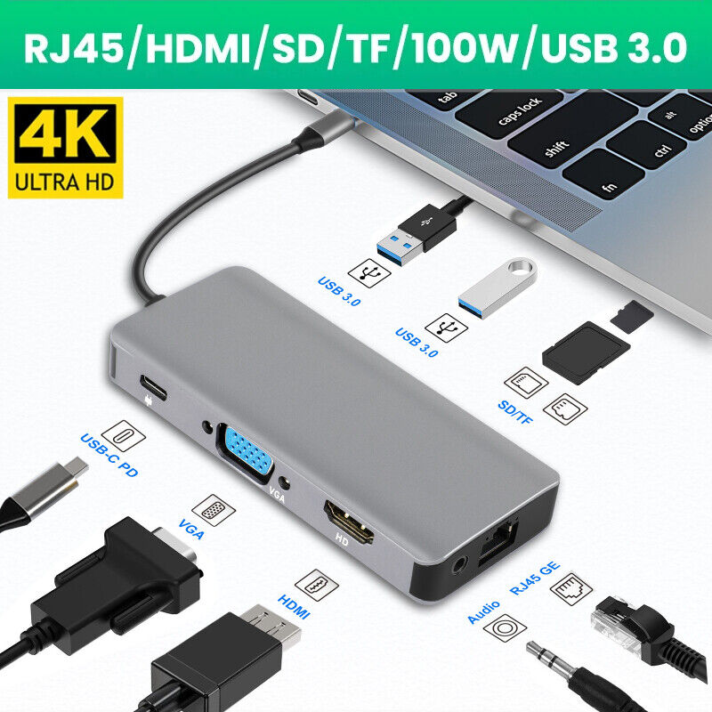 9-in-1 USB-C Hub Adapter Type-C Hub HDMI For MacBook Pro/Air iPad Pro Laptop