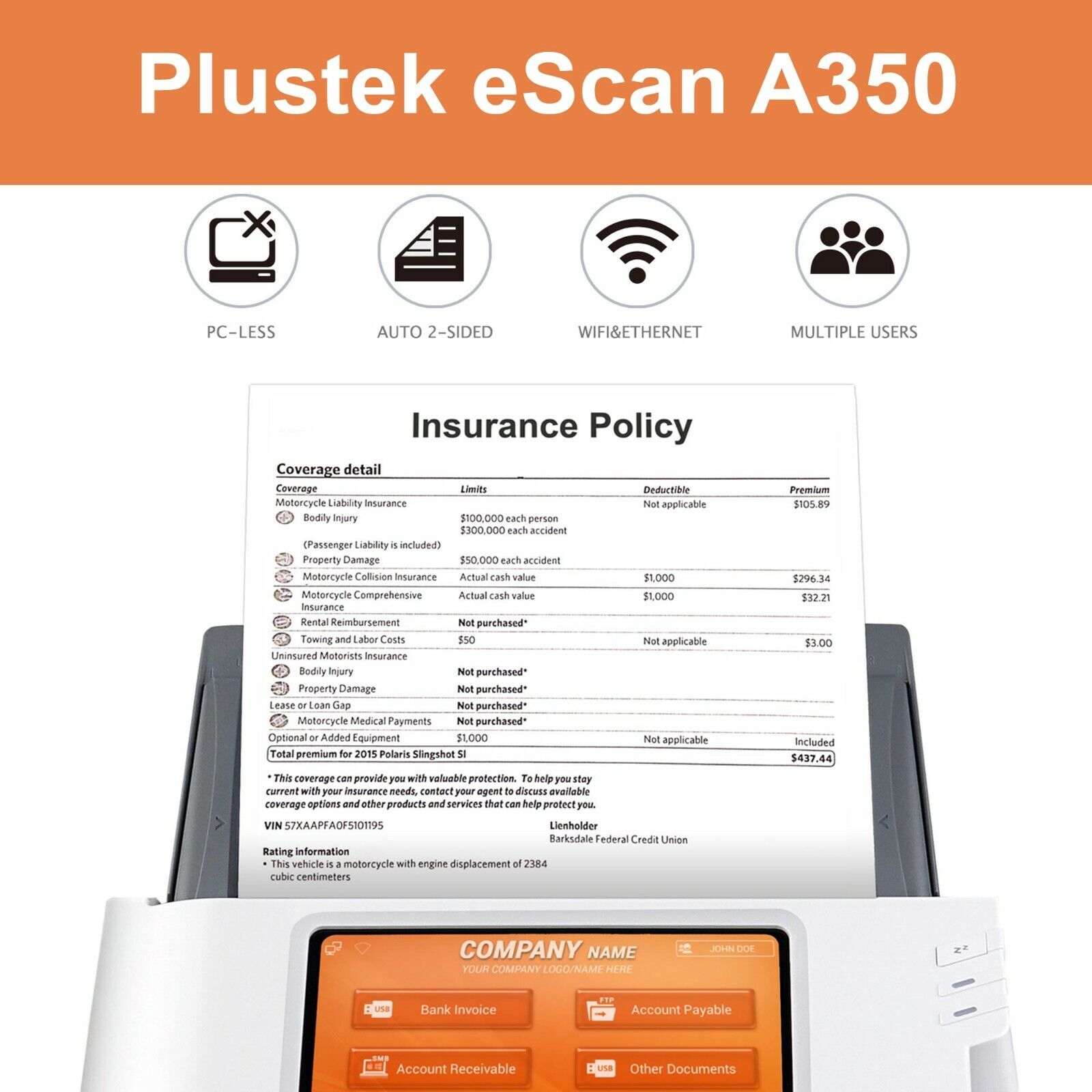 Plustek eScan A350 Enterprise High-Speed Network Document Scanner, Wireless SMB