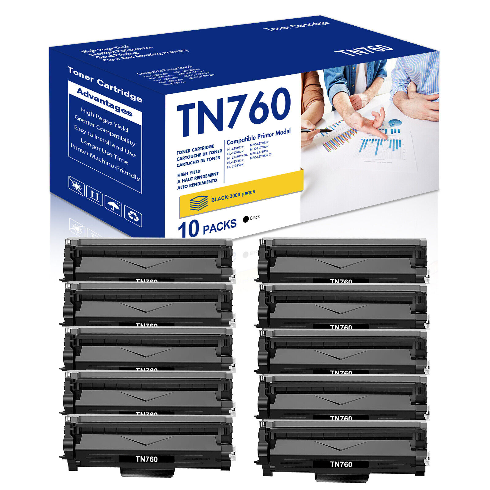 10x TN760 Toner Cartridge For Brother HL-L2395DW DCP-L2550DW MFC-L2710DW TN-760