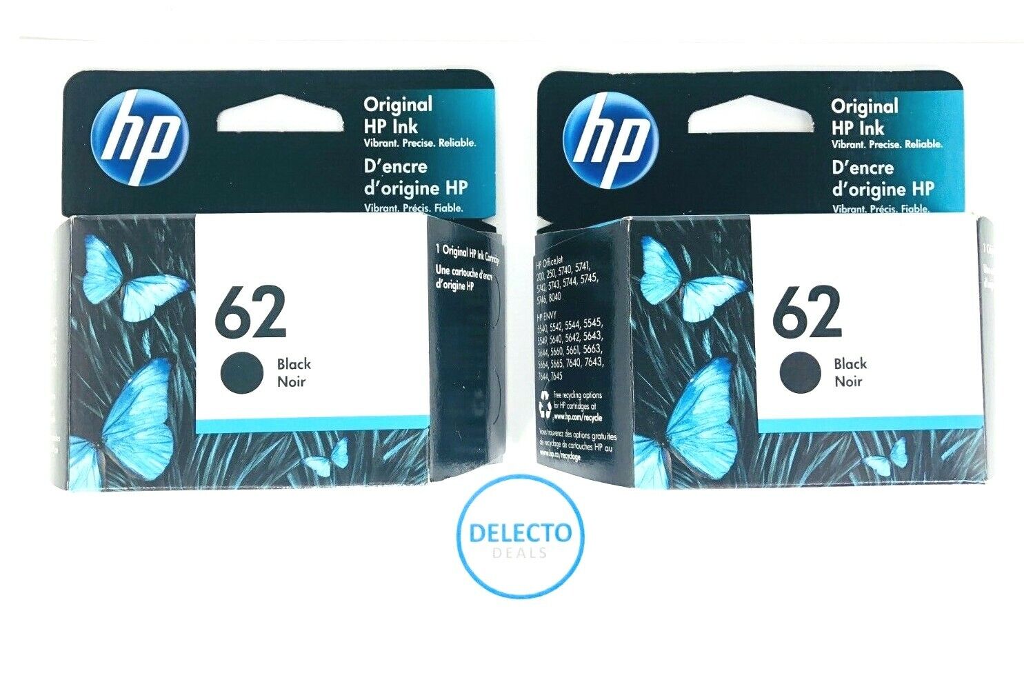Genuine 2-Pack HP 62 Black Ink Cartridges (T0A52AN) NEW SEALED Boxes