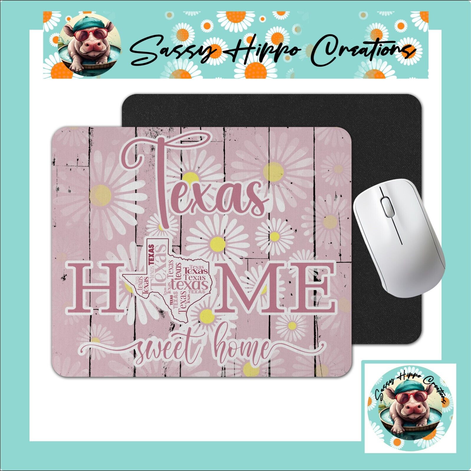 Mouse Pad Texas Home Sweet Home Pink White Flowers Anti Slip Back EZ Clean