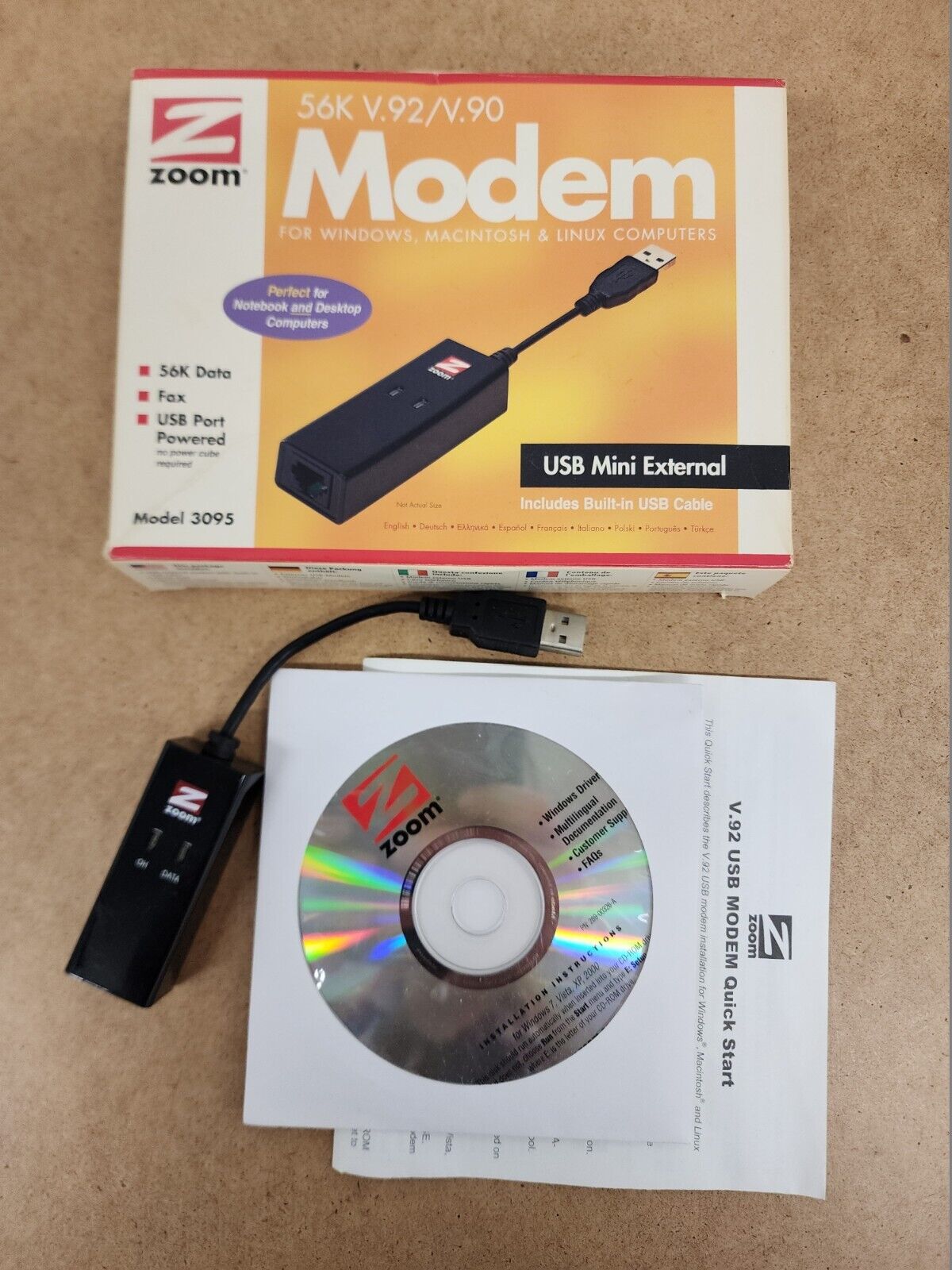  Zoom Model 3095 USB Modem 56K V.92 Data Fax Dial-Up Windows Macintosh  Linux Co