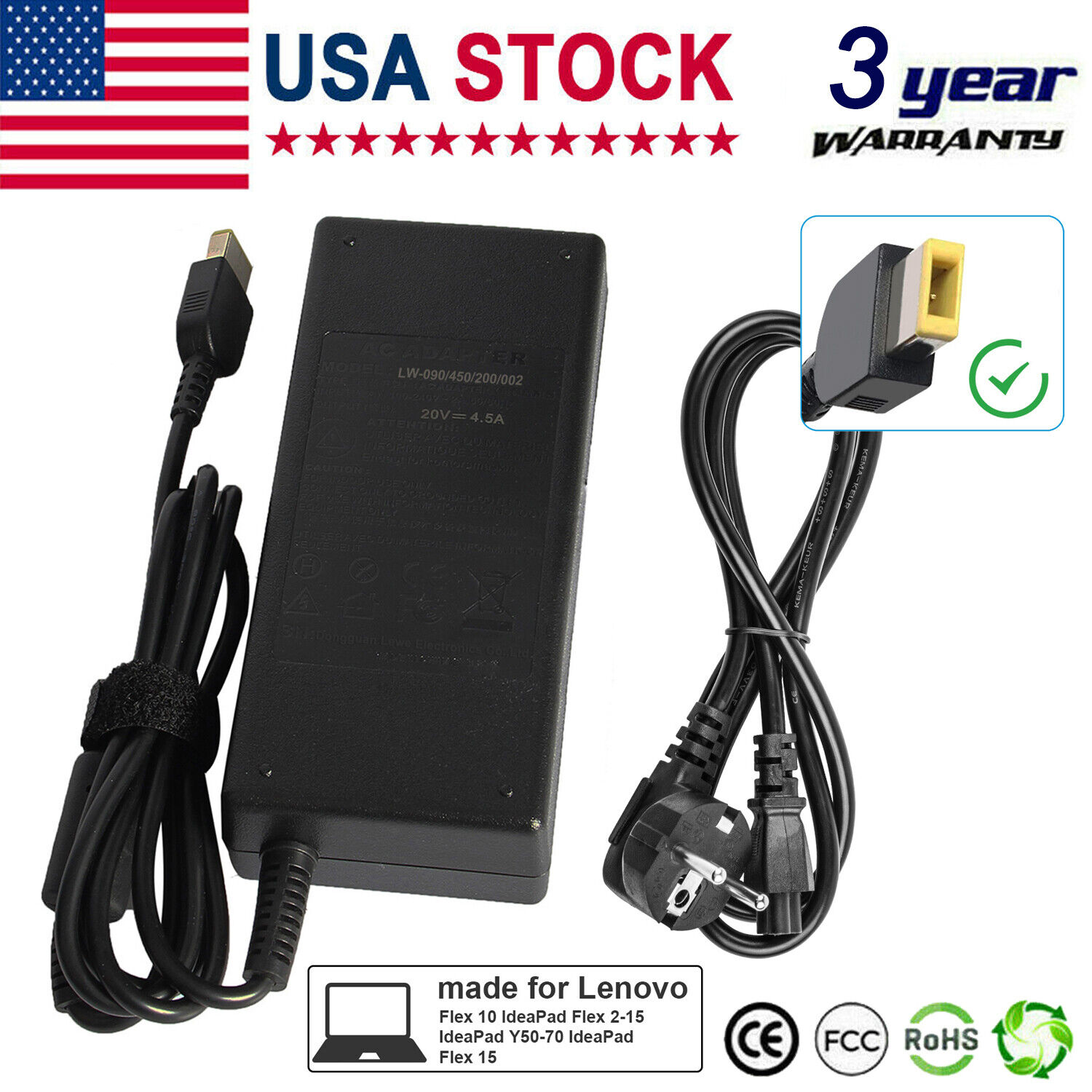 AC Power Supply Adapter 90W for Lenovo ThinkCentre M73 M93 M93p M700 10HY w/PC