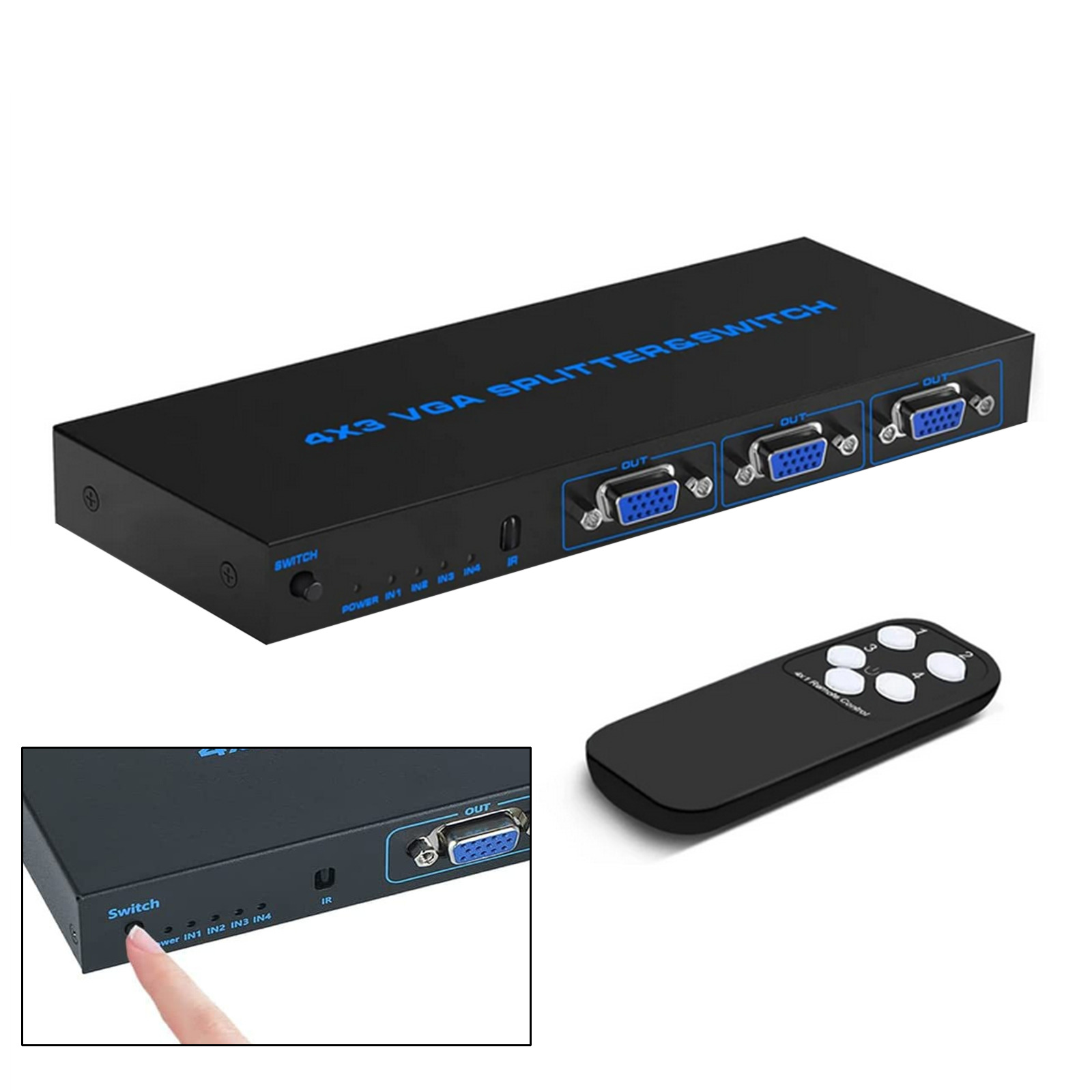 High Quality 4x3 VGA Switcher 4 In 3 Out Video Splitter Box 4 Port VGA Switch
